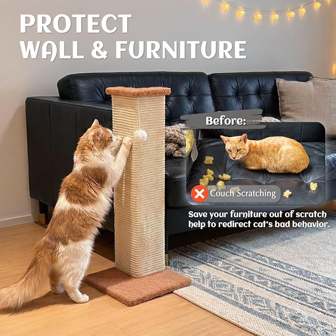 PETKARAY Couch Corner Cat Scratcher, 28.5" Sisal Scratching Post for Cats | Corner Wall Scratch Pad for Furniture Protection, Large Vertical Cat Scratching Post with Plush Base - Image 4