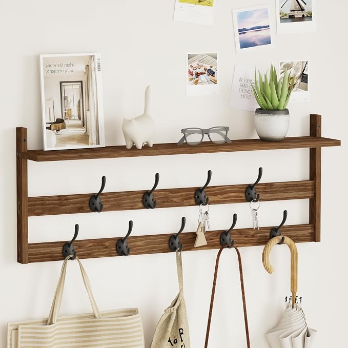 AMBIRD Coat Rack Wall Mount with Shelf, 29" Coat Hooks Wall Mounted with 9 Metal Hooks for Entryway, Bathroom, Bedroom, Living Room, Kitchen, 2 Tier Wall Hooks for Clothes, Hat, Towel, Key, Purse - Image 5