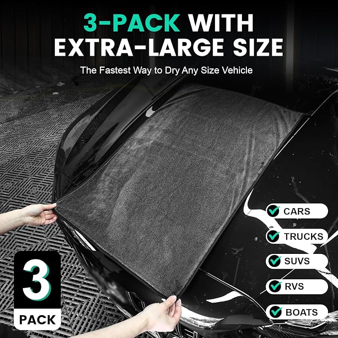 3 Pack Bulk Microfiber Towels for Cars, Microfiber Drying Towel, 35" x 24" | Extra-Large, Ultra-Absorbant Microfiber Drying Towel for Cars and Trucks, Super Absorbent Car Drying Towel, 600GSM - Image 3
