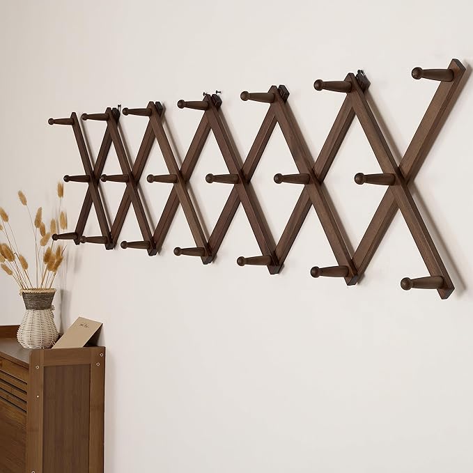 SKOLOO Hat Rack for Wall with 20 Hooks, Solid Wooden, Modern, Expandable Coat Rack Wall Mount for Coats, Hats, Bags, Baseball Caps, Walnut Color - Image 4