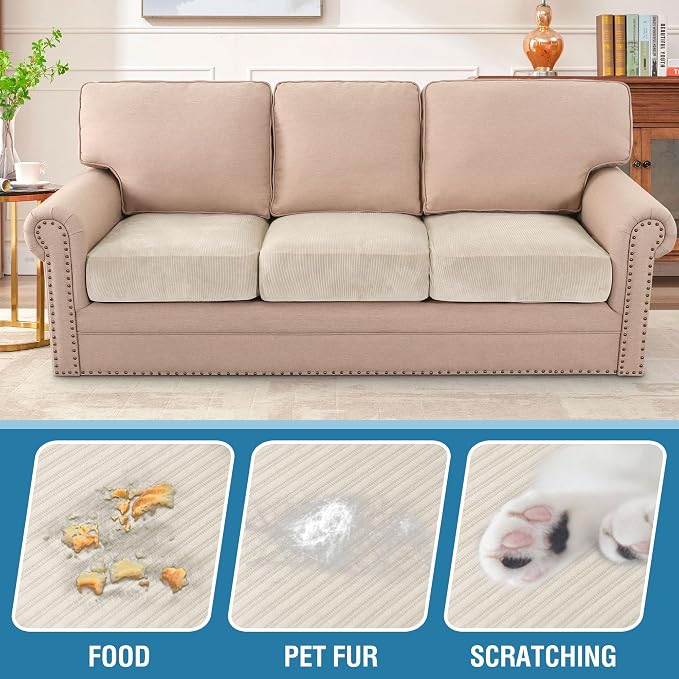 H.VERSAILTEX Velvet Stretch Couch Cushion Cover Plush Cushion Slipcover for Chair Loveseat Sofa Cushion Furniture Protector Seat Cushion Sofa Cover (3 Piece Sofa Cushion Covers, Ivory Striped) - Image 3