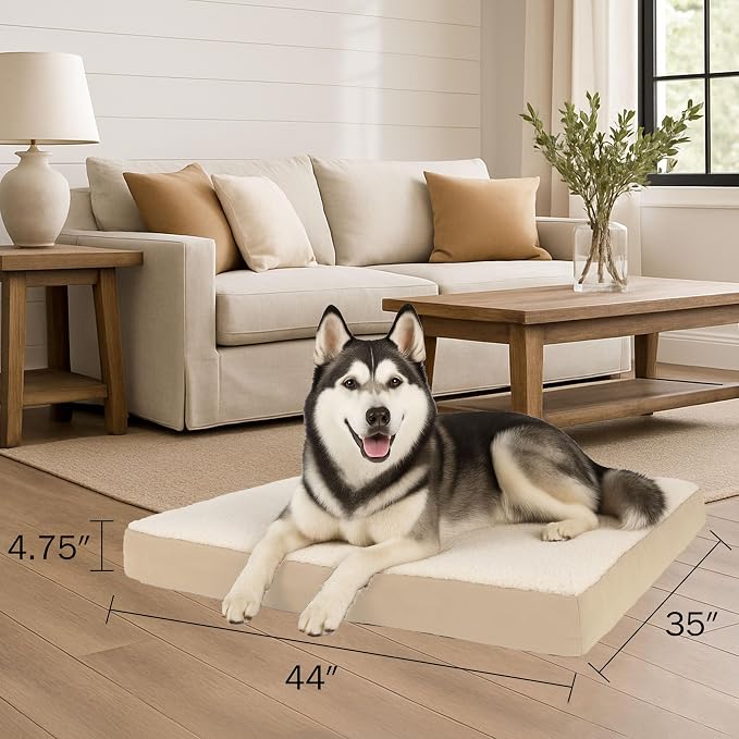 Orthopedic Dog Bed - 2-Layer Memory Foam Crate Mat with Machine Washable Sherpa Cover - 44x35 Pet Bed for Large Dogs up to 100lbs by PETMAKER (Tan) - Image 2