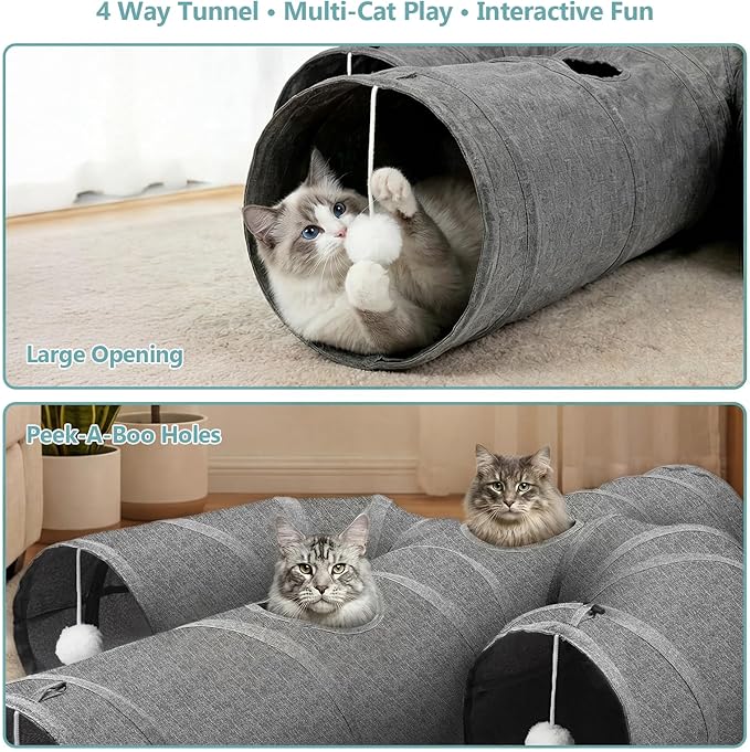 Ownpets Cat Tunnel Large 12 inch Diameter Sturdy Oxford Fabric Cat Tunnel Toy, Cactus Shape Collapsible Cat Tunnels for Indoor Cats,Interactive Peek Hole Pet Tunnel Tube with Cat Wand Toy - Image 3