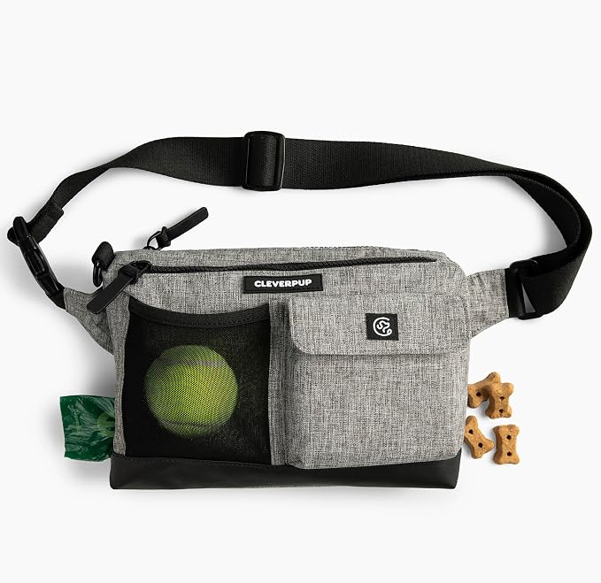 Cleverpup Walk & Train 2-in-1 Dog Walking Bag - Hands-Free Training Crossbody Sling & Fanny Pack with Treat Pouch, Poop Bag Holder, Phone Pockets - Adjustable Waist or Shoulder Strap - Heather Grey by Cleverpup