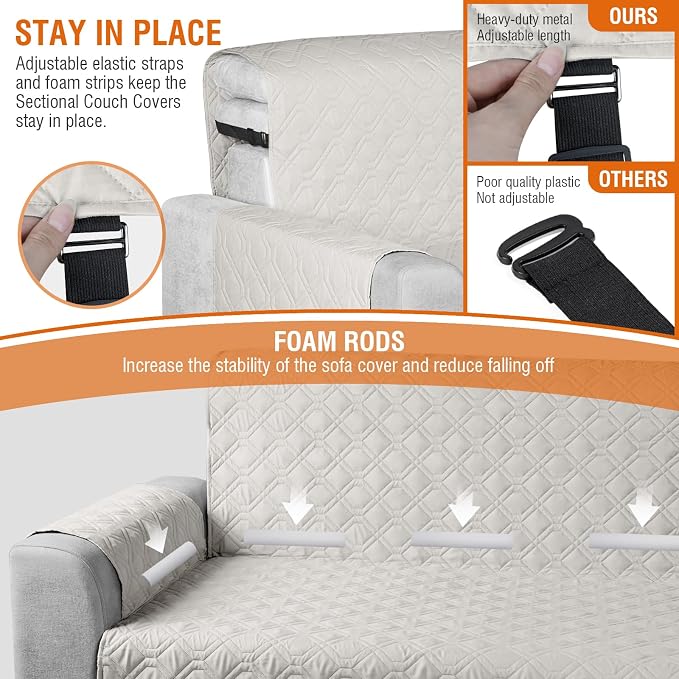 VANSOFY Sectional Couch Covers 100% Waterproof L Shaped Sofa Slipcover 3pcs Reversible Chaise Lounge Cover for Sectional Sofa Furniture Protector Cover for Pets Dog Cat(X-Large, Beige) - Image 6