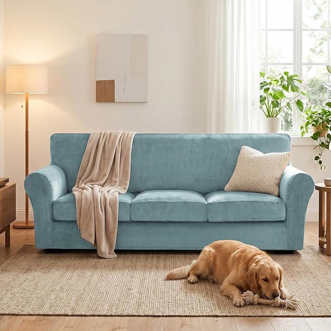 XINEAGE 4-Piece Velvet Sofa Cover,Couch Covers for Dog,Gray Blue | 3 Cushion Sofa,Stretch Non-slip Elastic, Pet-friendly, Washable, Fast Setup, Soft Plush Fabric, Furniture Protector. - Image 4