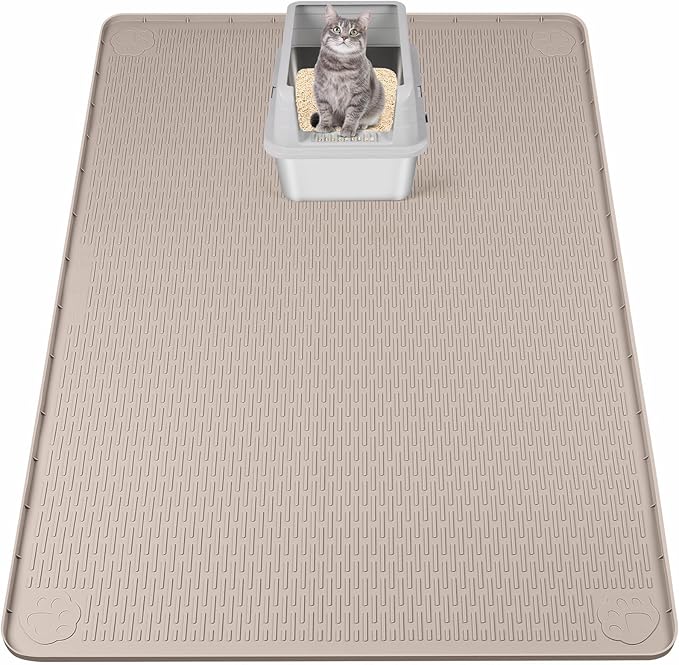 Silicone Cat Litter Mat for Litter Box 50”x35” Large Cat Mat, Khaki | Waterproof, Non-Slip, Leak-Proof Rug Mat with Lip, Easy to Clean, Extra Large Litter Catcher Mat for Floor by Bartuke