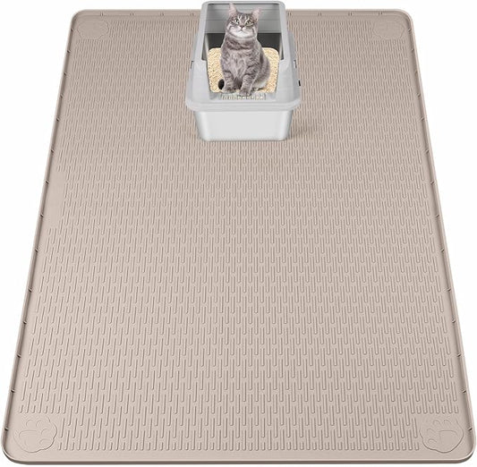Silicone Cat Litter Mat for Litter Box 50”x35” Large Cat Mat, Khaki | Waterproof, Non-Slip, Leak-Proof Rug Mat with Lip, Easy to Clean, Extra Large Litter Catcher Mat for Floor by Bartuke