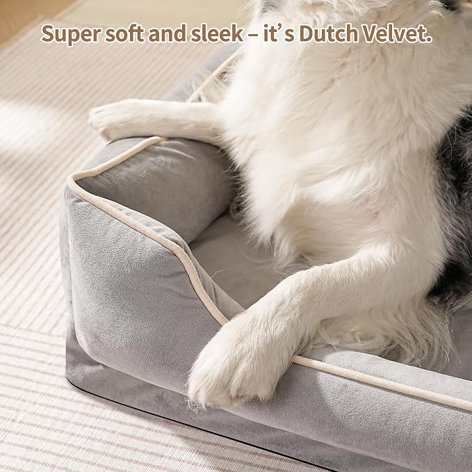 FAIRYPET Orthopedic Dog Bed for Medium to Large Dogs & Cats, Memory Foam Dog Bed with Washable Removable Cover, Top-Grade Dutch Velvet Fabric Pet Sofa Couch for Crate with Nonskid Bottom, Grey - Image 6