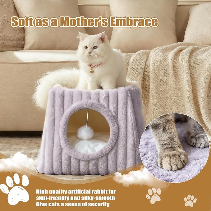 Indoor Cat House - Large Cat Cave Bed with Fluffy Balls, Foldable Cat Bed Cave and Apartment with Pads, Suitable for Multiple Small and Large Cats, 15.74x15.74x13.38 inches(Grey, Large) - Image 5