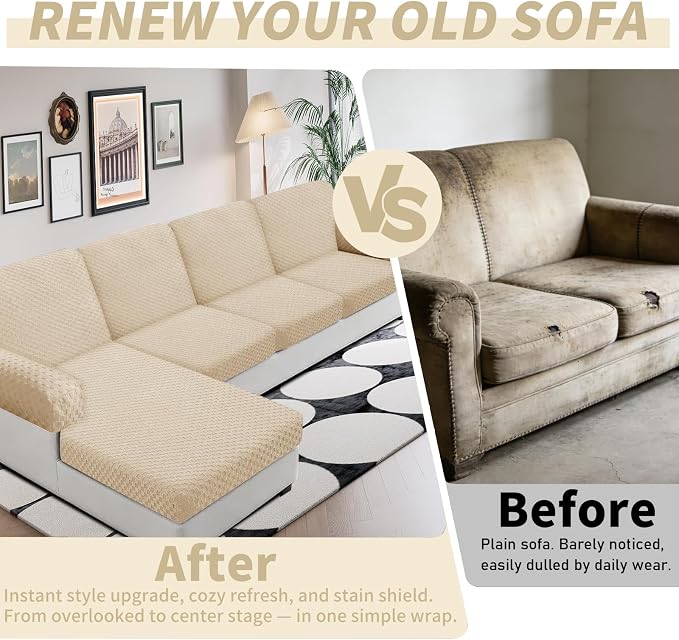 YEMYHOM Couch Cushion Covers for Sofa, Stretch Sectional Back Cushion Covers Washable Thick Furniture Protector Sofa Slipcovers for Pets (1PC Back Couch Cover, Beige) - Image 4