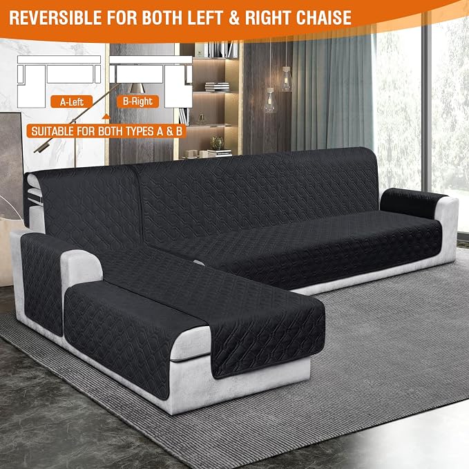 VANSOFY Sectional Couch Covers 100% Waterproof L Shaped Sofa Slipcover 3pcs Reversible Chaise Lounge Cover for Sectional Sofa Furniture Protector Cover for Pets Cat Dog(X-Large, Blcak) - Image 3