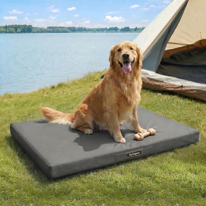 Sytopia 42 Inch Outdoor Waterproof Dog Bed for Extra Large Dogs, Orthopedic Egg Crate Foam Pet Mat with Removable Washable Cover, Durable Crate Mat for Patio, Deck, Camping, Travel, Grey by Sytopia
