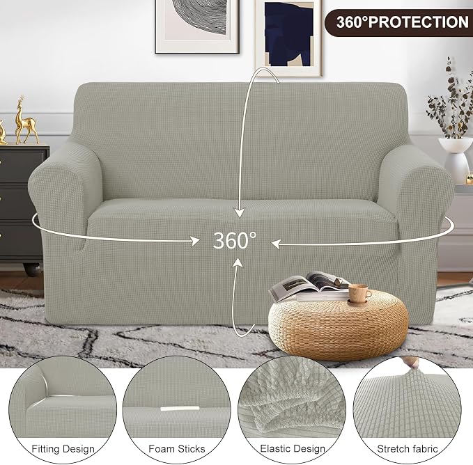 U-NICE HOME Loveseat Cover Stretch Couch Cover Sofa Slipcover, Taupe | 2 Cushion Sofa, 1-Piece Sofa cover, Washable, Pet friendly, Furniture protector, Polyester Spandex Jacquard fabric - Image 3