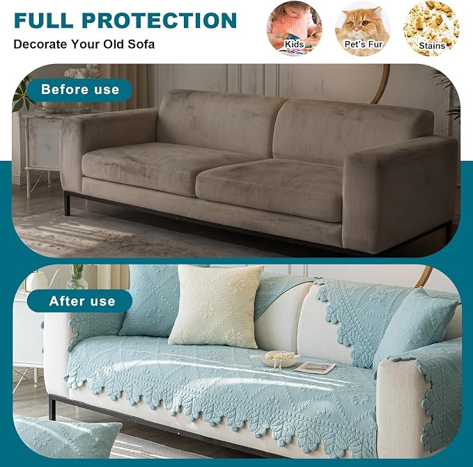 KRFOONN Cotton Quilted Dog Couch Cover for Sofa (Blue, 2PC 27.6" x 27.6") | Farmhouse Embroidery Sectional Couch Cover Washable, Soft Non Slip Sofa Slipcover Cushion Furniture Protector for Kids, Pets - Image 5