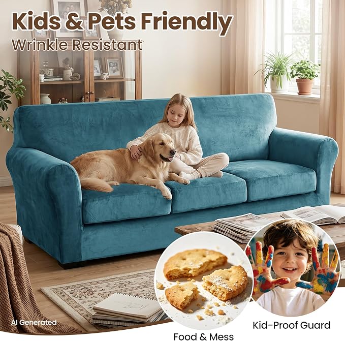 XINEAGE 3-Piece Velvet Loveseat Sofa Cover,Couch Cover for Dog,Peacock Blue | 2 Cushion Loveseat,Stretch Non-slip Elastic, Pet-friendly, Washable, Fast Setup, Soft Plush Fabric, Furniture Protector. - Image 6