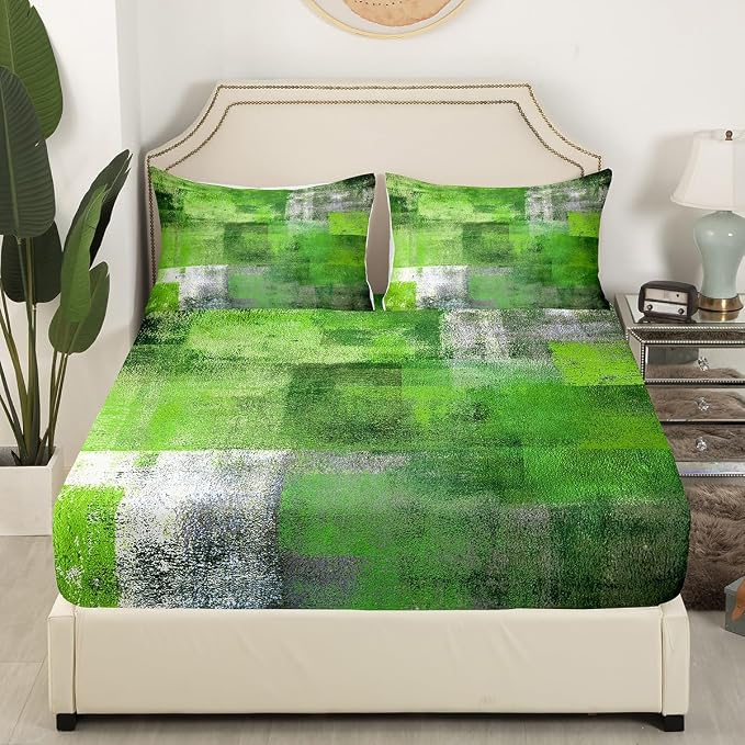 Erosebridal Summer Watercolor Bed Sheets Set for Kids Boys Girls,Green Grey Sheet Set Full,Mid Century Sheets,Abstract Oil Painting Ombre Art Flat Fitted Sheet with 2 Pillowcases Deep Pockets - Image 3