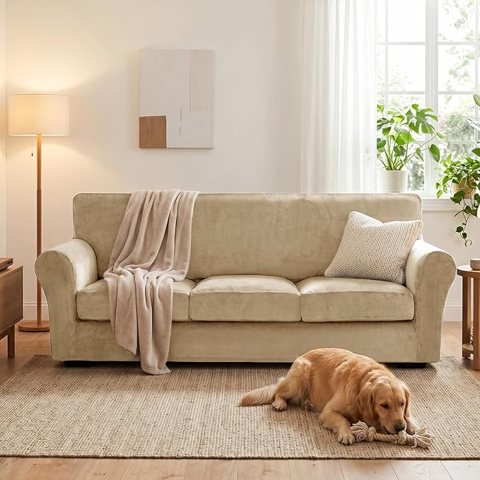 XINEAGE 4-Piece Velvet Sofa Cover,Couch Covers for Dog,Camel | 3 Cushion Sofa,Stretch Non-slip Elastic, Pet-friendly, Washable, Fast Setup, Soft Plush Fabric, Furniture Protector. - Image 4