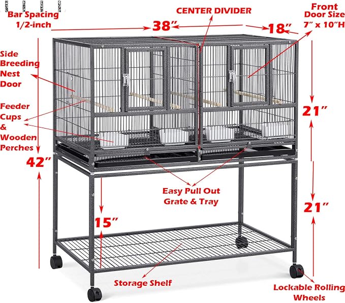 Combo One Stacker Strudy Wrought Iron Center Divided Breeder Breeding Bird Flight Double Rolling Cage for Aviaries Canaries Cockatiels Lovebirds Finches Budgies Small Parrots - Image 2