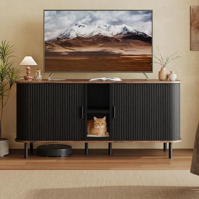 58" Double Cat Litter Box Enclosure, Large Hidden Litter Box Furniture for 2 Cats with Cat Scratch Pad, Wooden Modern Indoor Cat House with Double Room, TV Stand, Side Table, Black - Image 7