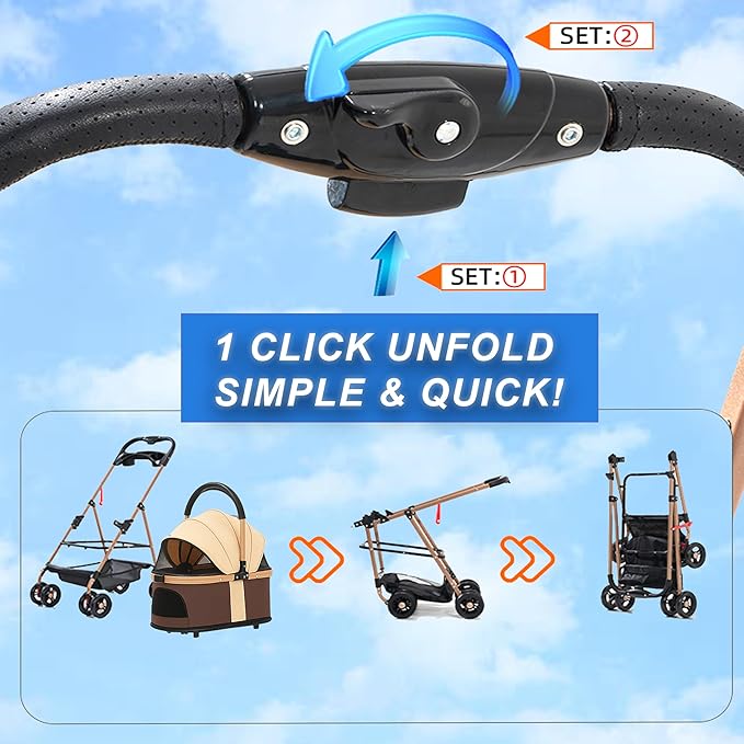 Pet Stroller for Small Dogs & Cats, Foldable for Small/Medium Dog Cat to 50 lbs, Removable Carrier, Storage Basket, Cup Holder, 3-in-1 Multifunctional Detachable (Black)