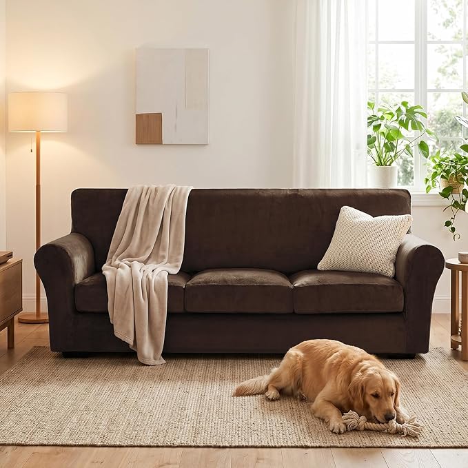 XINEAGE 4-Piece Velvet Sofa Cover,Couch Covers for Dog,Dark Coffee | 3 Cushion Sofa,Stretch Non-slip Elastic, Pet-friendly, Washable, Fast Setup, Soft Plush Fabric, Furniture Protector. - Image 4