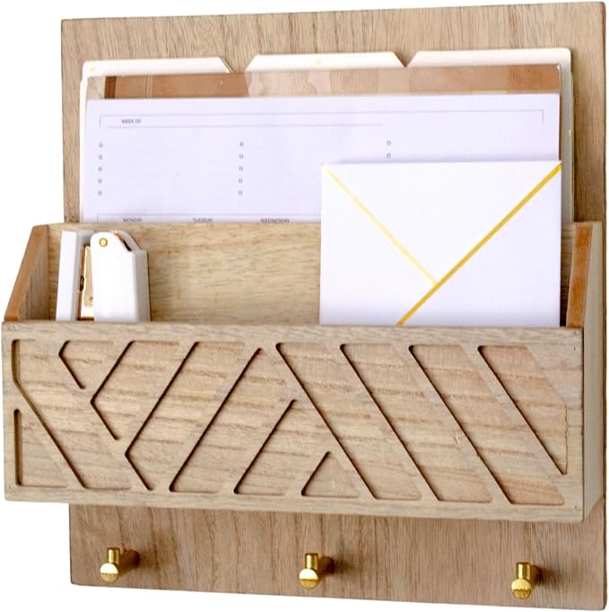 BLU MONACO Wall-Mounted Mail and Key Holder – Natural Wood 2-Tier Letter Organizer with 3 Hooks | Entryway Command Center for Mail, Keys, and Documents by Blu_Monaco