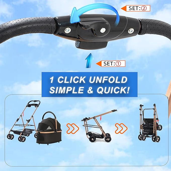 Pet Stroller for Small Dogs & Cats, Foldable for Small/Medium Dog Cat to 50 lbs, Removable Carrier, Storage Basket, Cup Holder, 3-in-1 Multifunctional Detachable (Black)