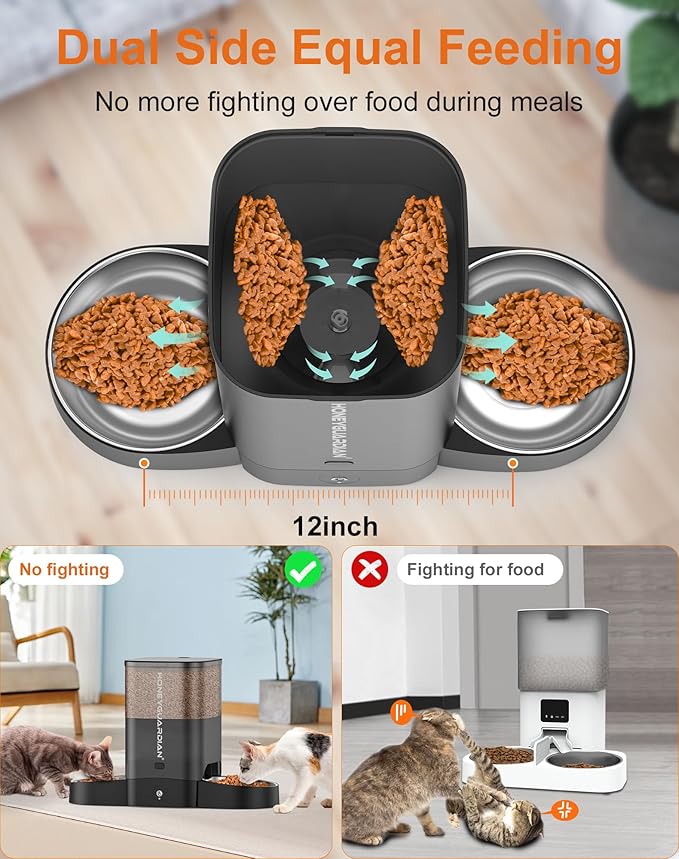 HoneyGuaridan Automatic Cat Feeder for 2 Cats, 2.4/5G WiFi Smart Feed Pet Feeder with Stainless Steel Bowl,APP Control Dispenser, Dual Power Supply,Desiccant Bag,10s Meal Call Black - Image 2