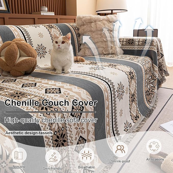 ROOMLIFE Couch Cover 3 Cushion Sofa, Washable Non Slip Furniture Sofa Protector Cover, Soft Chenille Sofa Slipcovers Sectional L Shape Dogs Couch Cover Throw Blanket with Tassels 71''X118'' - Image 4