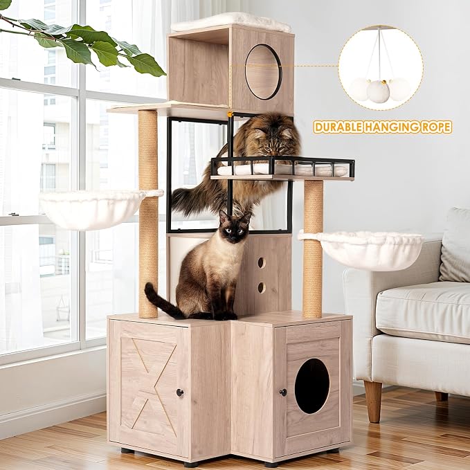 Cat Tree with Litter Box Enclosure, 63" Multi-Functional Cat Tree with Litter Box - Includes Removable Washable Cushion, Scratching Posts & Toy Hanger, Modern Design, Rustic Gray - Image 2
