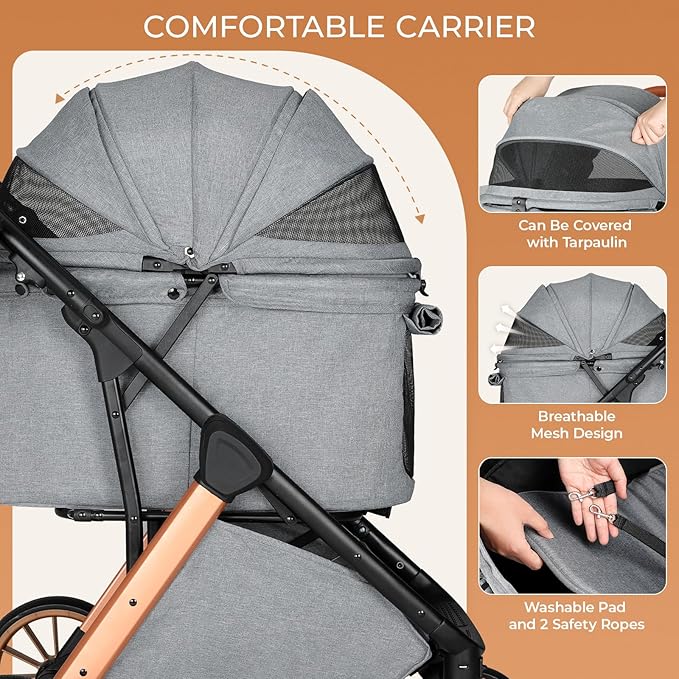 MAMIZO Foldable Dog Stroller for Medium Dogs Cats Up to 55 Lbs, Adjustable Height Handle, Pet Stroller with Aluminum and Carbon Steel Frame, Sun Shades, Storage Basket & Shock Absorbers, All-Terrain