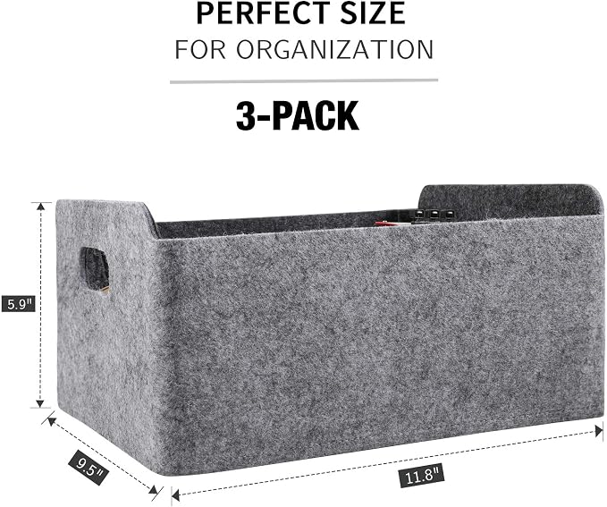 Welaxy Storage Baskets Collapsible Felt Storage bin Foldable Shelf Drawers Organizers for Kids Pet Toys magazine Books Clothes Closet Cabinet decluttering (Charcoal x 3) - Image 2