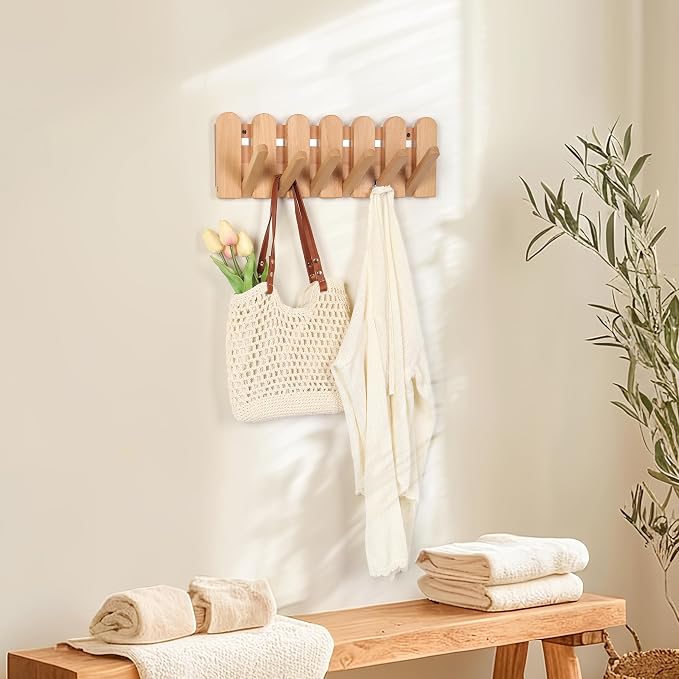 Wooden Boho Wall Mount Coat Rack 6 Hooks 16.8'' | Entryway Hanger with Magnetic Foldable Hooks Mounted, Space Saving for Hanging Jacket Bag for Apartments & Modern Homes - Image 8