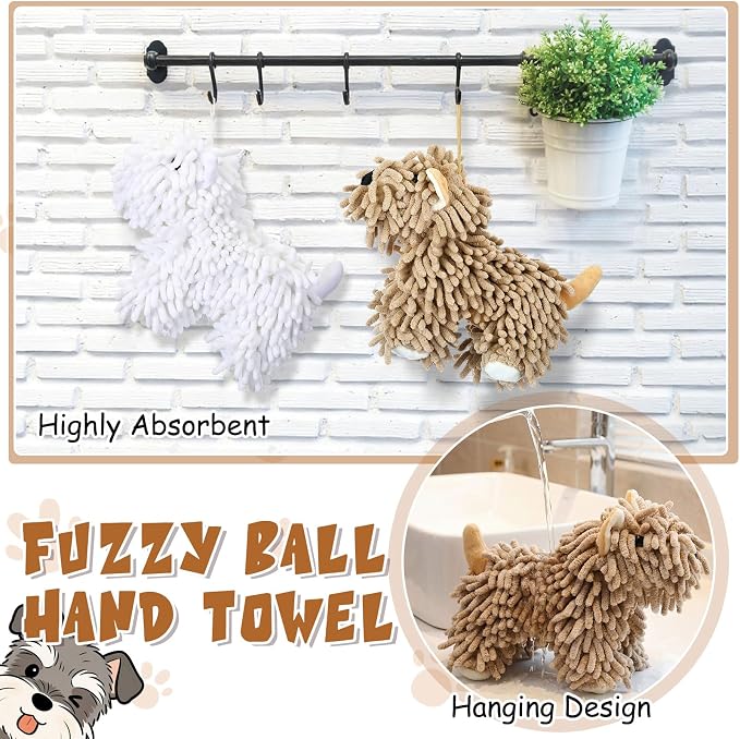 Tegeme 2 Pcs Chenille Dog Hand Towel Fuzzy Towel Absorbent Microfiber Soft for Bathroom Kitchen Washstand (White Brown,Standing Dog) - Image 5