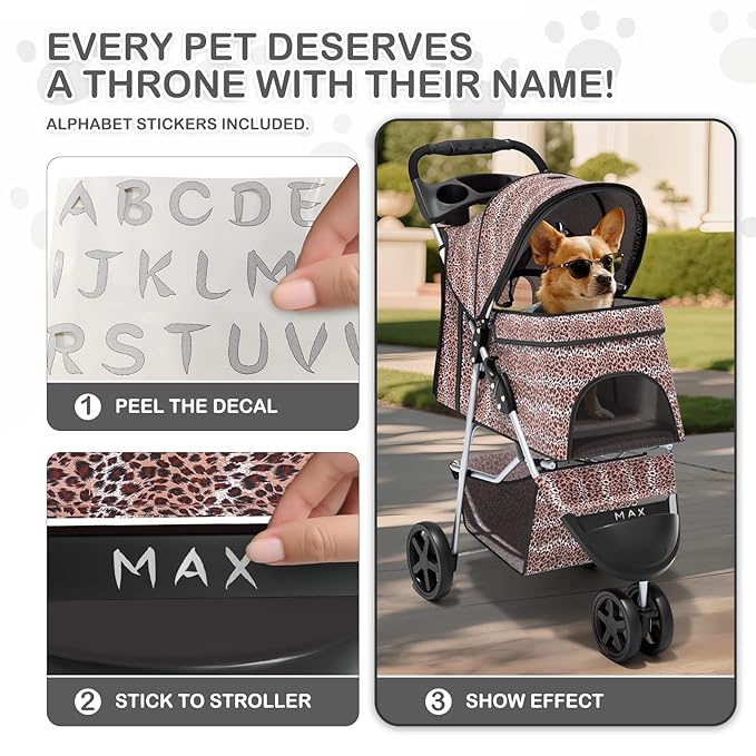 MoNiBloom 3 Wheels Pet Dog Cat Stroller for Small Medium Dogs Cats, Lightweight Foldable Jogger Stroller w/Storage Basket & Cup Holder, Leopard Print