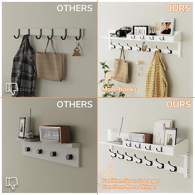 AMBIRD 35 inch Coat Rack Wall Mount, Extra Long Coat Hooks Wall Mount, Entryway Shelf with 7 Dual Coat Hooks 4 Key Hooks Mail Organizer, Wooden Wall Coat Rack with Hooks, Key Holder Rack (White) - Image 4