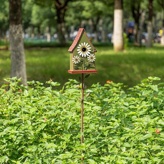 Glitzhome Birdhouses for Outdoors, Bird Houses Stake for Outside, 52.5" H Metal Bird House Decorative Daisy Birdhouse with Stake for Garden Patio Backyard (Green)