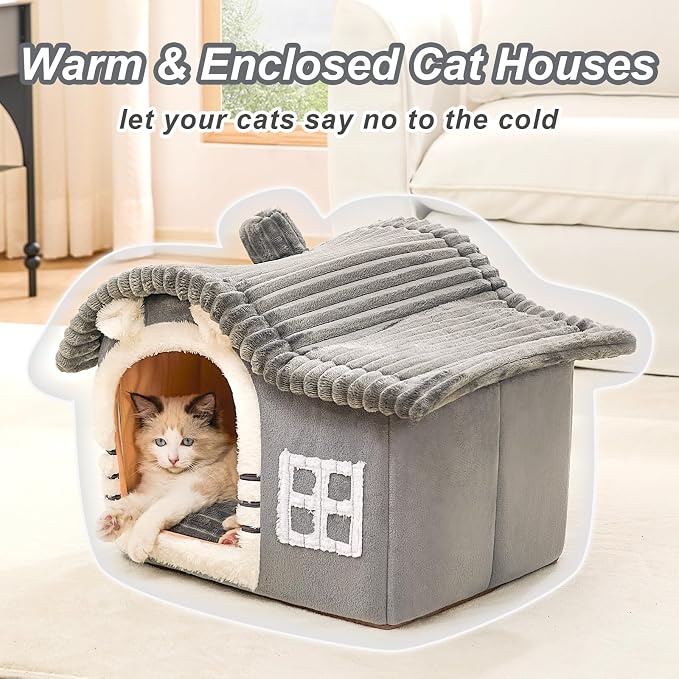 Jiupety Bear Cat Houses for Indoor Cats, Chimney Cute Cat Bed Cave, Enough Interior Space, Cartoon Soft Pet House Up to 3-7 lbs Kitten, Gray - Image 2