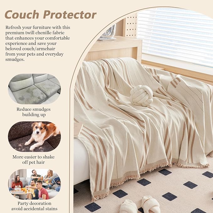 DREAMINGO Chenille Armchair Cover Jacquard Sofa Covers Washable Furniture Protector Recliner Couch Cover 1 Cushion Reversible Chair Cover Beige Coffee Striped Couch Cover Blanket 71"x 71" - Image 5