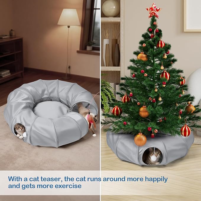 Cat Tunnel Bed with 2Pcs Interactive Toys, 3-in-1 DIY Collapsible Plush Cat Tube with Washable Mat, Large Indoor Play Tunnel Cave for Kittens and Small Animals - Image 6