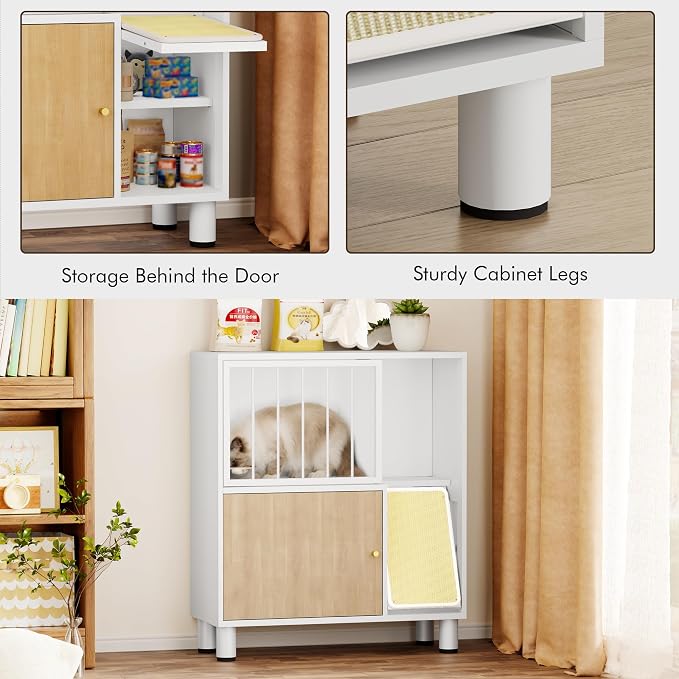 Dog Proof Cat Feeding Station, Metal Cat Feeding Cabinet, White | Elevated Cat Feeding Station, Pet Food Station with Storage, Cat Bowl Stand, Scratching Board, Stainless Steel Bowls - Image 7