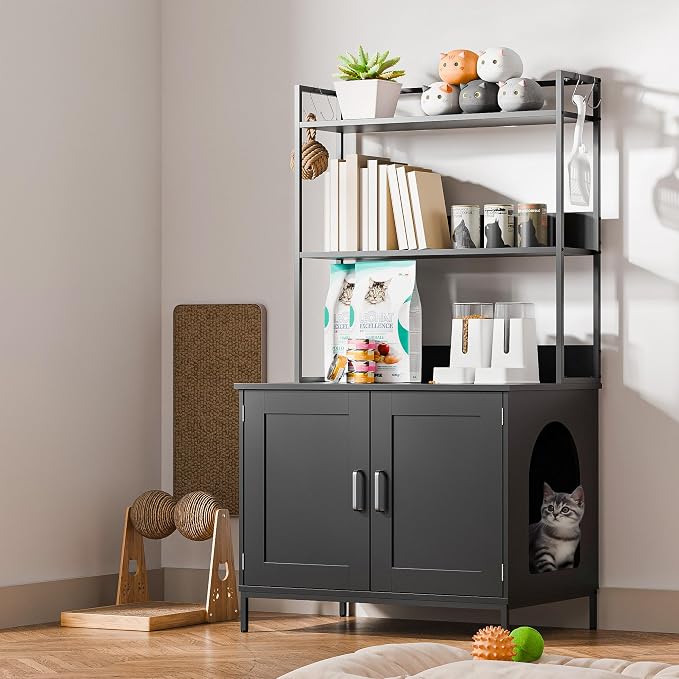 Cozy Castle Cat Litter Box Enclosure with Storage, 57'' Hidden Cat House Furniture, Wooden Cat Cabinet with Shelves & 4 S-Hooks, Indoor Cat Litter Box Organizer, Black by CozyCastle