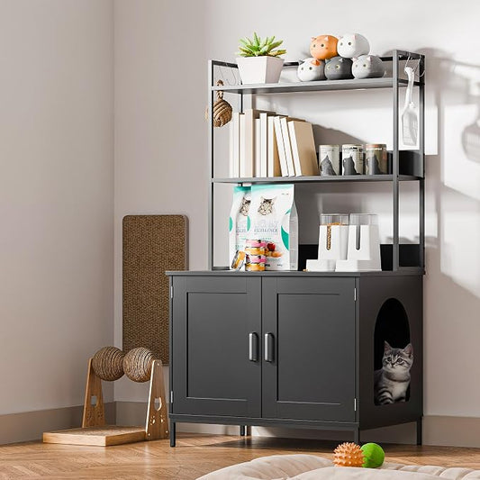 Cozy Castle Cat Litter Box Enclosure with Storage, 57'' Hidden Cat House Furniture, Wooden Cat Cabinet with Shelves & 4 S-Hooks, Indoor Cat Litter Box Organizer, Black by CozyCastle