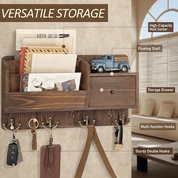 Rebee Vision Pine Wood Key Holder Wall Mount with Mail Sorter, Retro Brown | Mail and Key Organizer for Wall, 7 Key Hooks, Drawer Organizer, Store Envelopes, Mail Organizer for Wall, Ideal for Entryway - Image 5