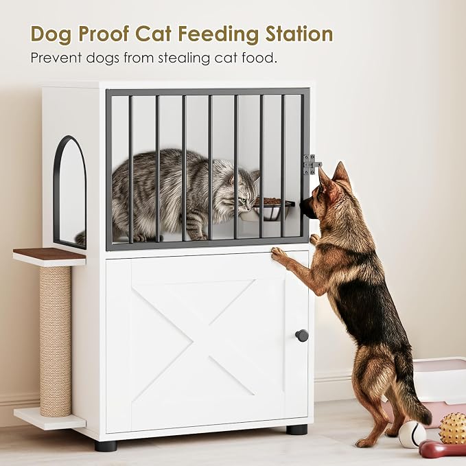 Dog Proof Cat Feeding Station, Dog Proof Cat Feeder, Cat Food Table, White | Cat Feeding Station with Scratching Post, Elevated Food Bowls with Stand, Cat Tree with Food Storage, Cat House - Image 6
