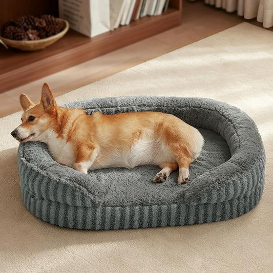 MIXJOY Orthopedic Dog Beds Large Sized Dog,Large Washable Dog Bed Waterproof Oval Dogs Bed with Removable Cover,Egg-Crate Foam Big Pet Bed Couch Sofa with Bolster Sides,Non-Slip Bottom,L 35"X25",Grey by MIXJOY