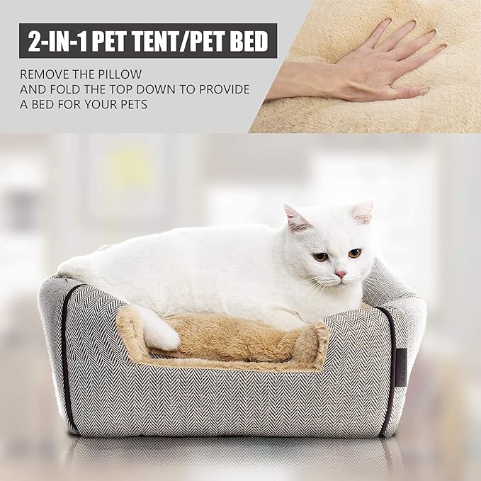 WINDRACING Cat Bed - Cat Cave House Tent with Washable Cushioned Pillow, Soft Kitten Beds, Pet Furniture (Large, Beige) - Image 2