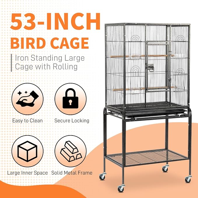 VINGLI 53-inch Bird Cage with Wheels, Durable Wrought Iron Parakeet Cage with Slide Out Tray, Black Bird Cages for Parakeets/Lovebird/Cockatiels/Budgies and Other Small/Medium Birds (Black, 53 inch) - Image 2