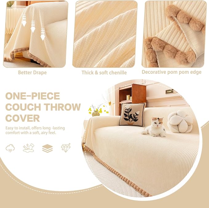 DREAMINGO Striped Chenille Couch Cover Blanket Washable Furniture Protector for Pets/Kids Farmhouse Modern Style Decorative Sofa Throw Cover for Living Room, Pom Pom Trim, Cream Beige, 71"x150" - Image 3